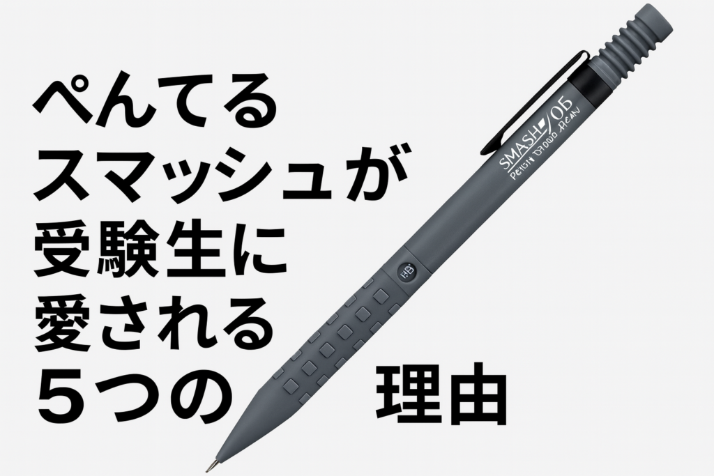 ぺんてるスマッシュが右側に大きく写り、左側に「ぺんてるスマッシュが受験生に愛される5つの理由」と太字で表示されたシンプルな16：9アイキャッチ画像。